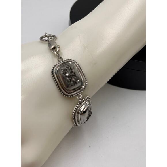 Sterling Silver INDIA PJC Black Druzy Quartz Braided Link Chain Bracelet - Picture 3 of 10